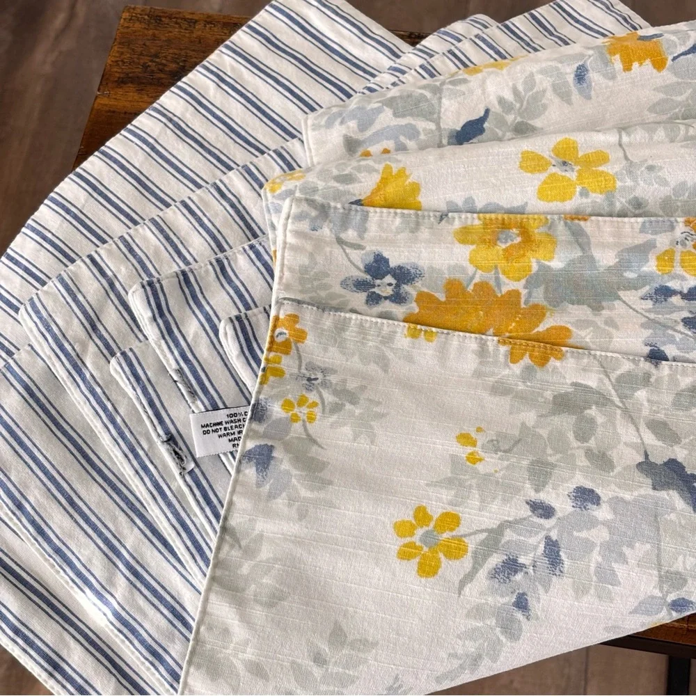 Nicole Miller Yellow and Blue Floral Reversible Stripe Cotton Placemats Set of 6